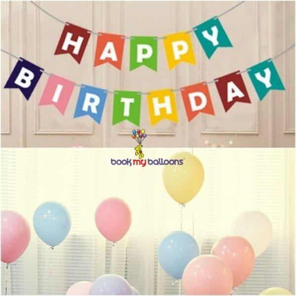 10 Pastel Balloons + Happy Birthday Banner