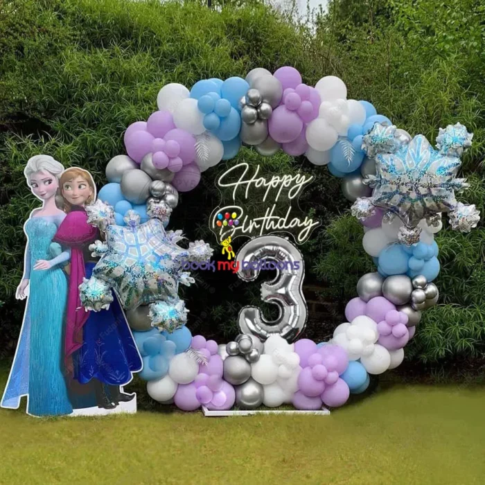 Frozen Neon Backdrop & Balloon Arch – Magical Birthday Decor