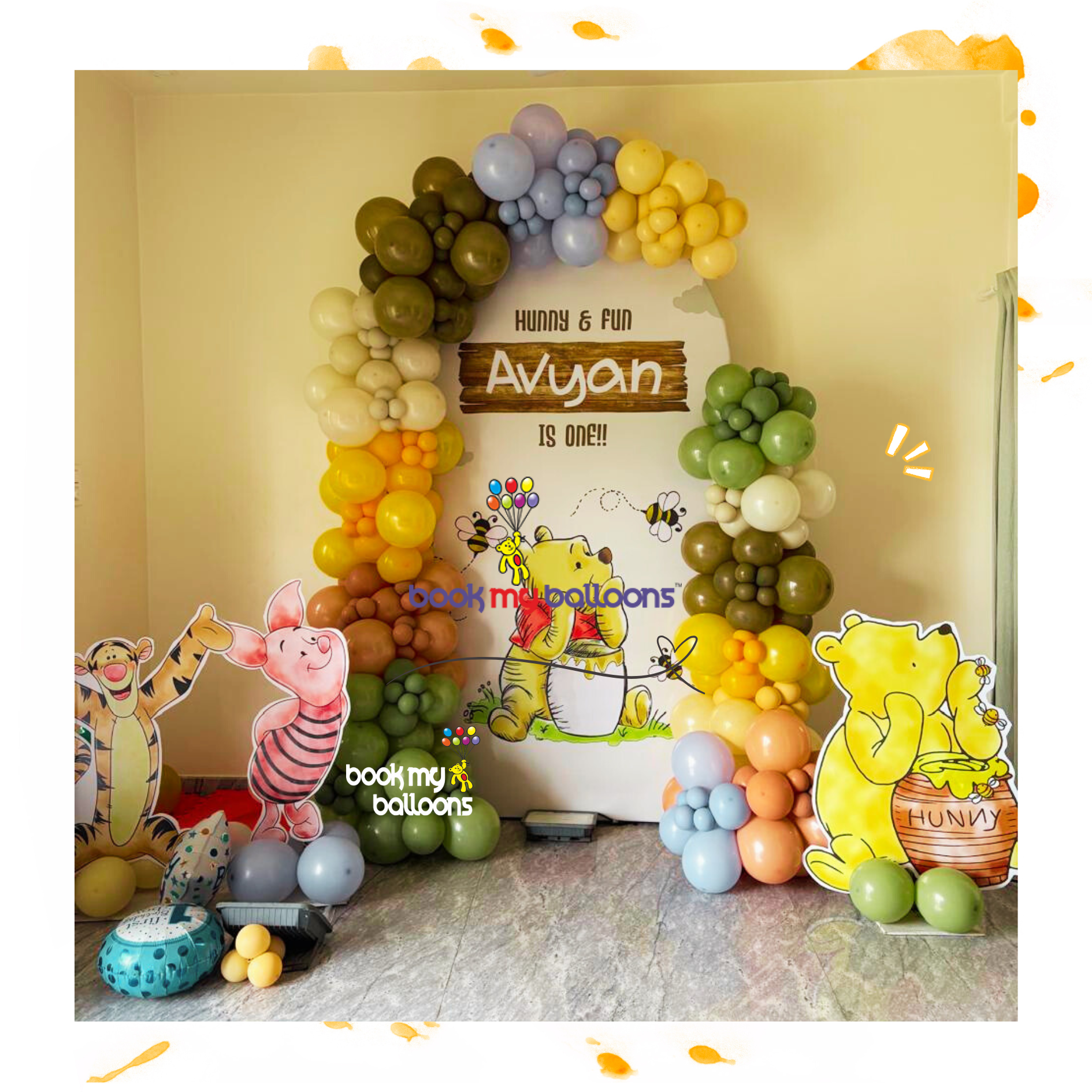 Winnie the Pooh birthday decoration setup at home in Bangalore with backdrop, pastel balloons, and character cutouts